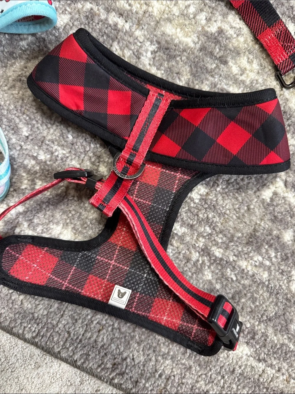 Frenchie Bulldog brand Red and Black Buffalo Plaid Pet Harness & Leash Set